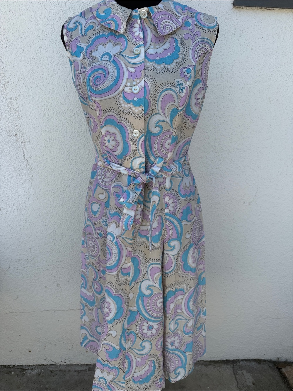 Vintage Sleeveless Pastel Paisley Shirt Dress with Tie Waist